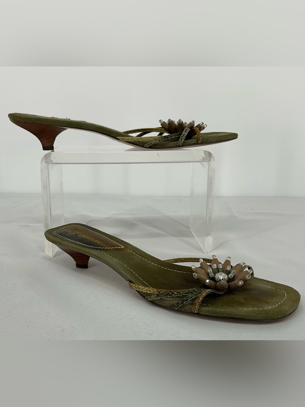 Enzo Angiolini Olive Green Floral Beaded Kitten Heel Slides Size 8.5